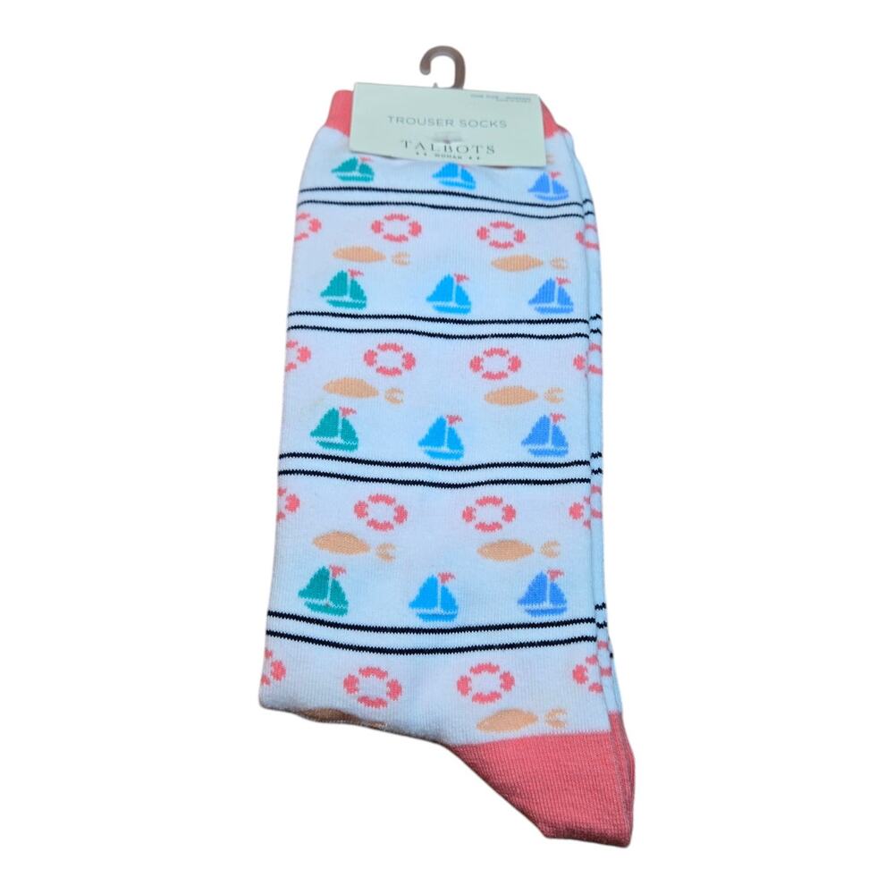 Talbots Woman Trouser Socks Sailboats Nautical Boat White Multicolor